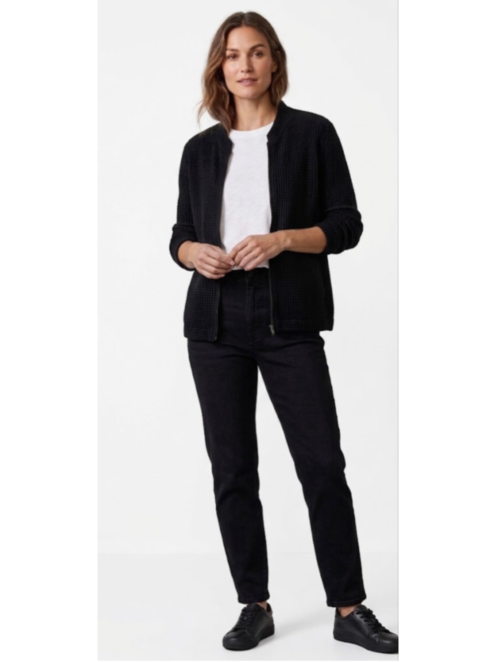 Women's Eileen Fisher Waffle Knit Cardigan Sweater Black XL